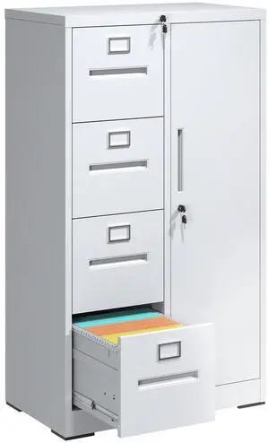 4 Drawer File Cabinet with Shelves and Hanging Rod, Metal Filing Cabinet with Lock for Home Office, File Storage Drawers for Legal/Letter Size Folders, Assembly Required (White) 4 Drawer File Cabinet with Shelves and Hanging Rod, Metal Filing Cabinet with Lock for Home Office, File Storage Drawers for Legal/Letter Size Folders, Assembly Required (White)