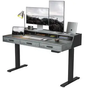 55x26 Inches Standing Desk with 3 Wooden Drawers and Monitor Shelf, Height Adjustable Computer Desk, Ergonomic Rising Home Office Desks, Sit Stand Up Electric Workstation Table, Rustic Grey 55x26 Inches Standing Desk with 3 Wooden Drawers and Monitor Shelf, Height Adjustable Computer Desk, Ergonomic Rising Home Office Desks, Sit Stand Up Electric Workstation Table, Rustic Grey