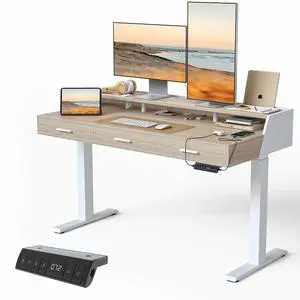 55x26 Inches Standing Desk with 3 Wooden Drawers and Monitor Shelf, Height Adjustable Computer Desk, Ergonomic Rising Home Office Desks, Sit Stand Up Electric Workstation Table, Light Walnut 55x26 Inches Standing Desk with 3 Wooden Drawers and Monitor Shelf, Height Adjustable Computer Desk, Ergonomic Rising Home Office Desks, Sit Stand Up Electric Workstation Table, Light Walnut