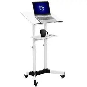 White Mobile 24 x 16 inch Lectern Podium, CART-V03W | Height Adjustable, Tilting Desktop, Rolling Laptop Cart on Wheels, Steel Design, Holds 44 lbs White Mobile 24 x 16 inch Lectern Podium, CART-V03W | Height Adjustable, Tilting Desktop, Rolling Laptop Cart on Wheels, Steel Design, Holds 44 lbs