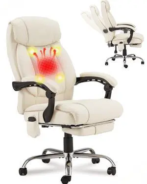 4-Point Massage Office Chair with Heating and Footrest, Reclining Executive Leather Desk Chair, Ergonomic Heated Managerial Chair for Home Office, Beige 4-Point Massage Office Chair with Heating and Footrest, Reclining Executive Leather Desk Chair, Ergonomic Heated Managerial Chair for Home Office, Beige