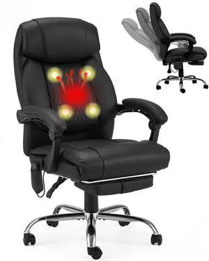 4-Point Massage Office Chair with Heating and Footrest, Reclining Executive Leather Desk Chair, Ergonomic Heated Managerial Chair for Home Office, Black 4-Point Massage Office Chair with Heating and Footrest, Reclining Executive Leather Desk Chair, Ergonomic Heated Managerial Chair for Home Office, Black