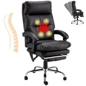Ergonomic Heated Reclining Office Chair, Black | USB Charging, 4-Point Vibration Massage, Adjustable Armrests & Footrest, Premium Leather Ergonomic Heated Reclining Office Chair, Black | USB Charging, 4-Point Vibration Massage, Adjustable Armrests & Footrest, Premium Leather