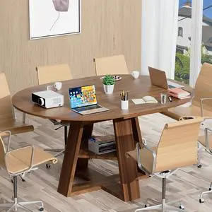 43.3in-59in Extendable Round Conference Table for 4-6 People,Space Saving | Wooden Oval Meeting Room Table with Removable Leaves,Office Table with Storage Shelf for for Office Conference Room 43.3in-59in Extendable Round Conference Table for 4-6 People,Space Saving | Wooden Oval Meeting Room Table with Removable Leaves,Office Table with Storage Shelf for for Office Conference Room