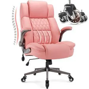 Large High Back Office Chair - Adjustable Lumbar Support Flip Up Arms Heavy Duty Quiet Wheels Metal Base Breathable Bonded Leather Ergonomic Executive Computer Desk Chair with Storage Bags, Pink Large High Back Office Chair - Adjustable Lumbar Support Flip Up Arms Heavy Duty Quiet Wheels Metal Base Breathable Bonded Leather Ergonomic Executive Computer Desk Chair with Storage Bags, Pink