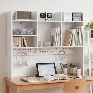 Dorm Desk Hutch with Pegboard, White Desktop Bookshelf | Multipurpose Desktop Bookshelf for Dorm Office Home, 3-Tier Wooden Display Rack for Computer Desk Dorm Desk Hutch with Pegboard, White Desktop Bookshelf | Multipurpose Desktop Bookshelf for Dorm Office Home, 3-Tier Wooden Display Rack for Computer Desk