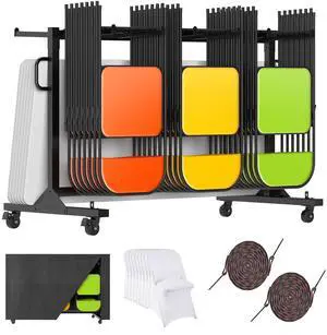 Folding Chair Rack for 12 Tables or 42 Chairs | Heavy-Duty Chair Cart with 550 LBS Capacity, 30 Chair Covers, Wheels, Elastic Cords and Cover, Glossy Black Folding Chair Rack for 12 Tables or 42 Chairs | Heavy-Duty Chair Cart with 550 LBS Capacity, 30 Chair Covers, Wheels, Elastic Cords and Cover, Glossy Black
