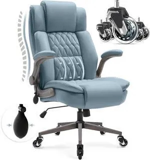 Large High Back Office Chair - Adjustable Lumbar Support Flip Up Arms Heavy Duty Quiet Wheels Metal Base Breathable Bonded Leather Ergonomic Executive Computer Desk Chair with Storage Bags, Blue Large High Back Office Chair - Adjustable Lumbar Support Flip Up Arms Heavy Duty Quiet Wheels Metal Base Breathable Bonded Leather Ergonomic Executive Computer Desk Chair with Storage Bags, Blue