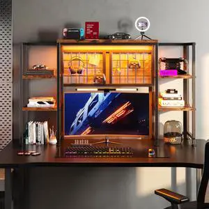 5-Tier Desk Shelf with LED for Home Office Dorm, Rustic Brown | Students & Remote Workers, Wood & Steel, Holds 88 Lbs, Adjustable Shelves & Grid Panel With 4 Hooks 5-Tier Desk Shelf with LED for Home Office Dorm, Rustic Brown | Students & Remote Workers, Wood & Steel, Holds 88 Lbs, Adjustable Shelves & Grid Panel With 4 Hooks