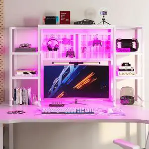 5-Tier Desk Shelf with LED for Home Office Dorm, White | Students & Remote Workers, Wood & Steel, Holds 88 Lbs, Adjustable Shelves & Grid Panel With 4 Hooks 5-Tier Desk Shelf with LED for Home Office Dorm, White | Students & Remote Workers, Wood & Steel, Holds 88 Lbs, Adjustable Shelves & Grid Panel With 4 Hooks