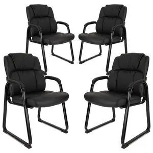 Classic Leather Soft Reception Chair with Padded Armrests and Sled Base, Executive Guest Chair for Office Computer Desk Conference Waiting Meeting Room, Black (4 Pack) Classic Leather Soft Reception Chair with Padded Armrests and Sled Base, Executive Guest Chair for Office Computer Desk Conference Waiting Meeting Room, Black (4 Pack)