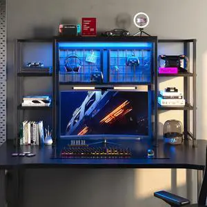 5-Tier Desk Shelf with LED for Home Office Dorm, Black | Students & Remote Workers, Wood & Steel, Holds 88 Lbs, Adjustable Shelves & Grid Panel With 4 Hooks 5-Tier Desk Shelf with LED for Home Office Dorm, Black | Students & Remote Workers, Wood & Steel, Holds 88 Lbs, Adjustable Shelves & Grid Panel With 4 Hooks