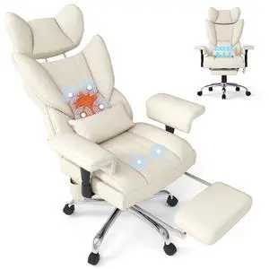 6 Points Massage Heated Home Office Chair with Foot Rest, Beige | 400LBS Executive Office Chair with Adjustable Headrest, Armrest and Lumbar Pillow, Comfortable PU Leather Desk Chair 6 Points Massage Heated Home Office Chair with Foot Rest, Beige | 400LBS Executive Office Chair with Adjustable Headrest, Armrest and Lumbar Pillow, Comfortable PU Leather Desk Chair
