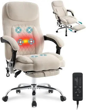 6-Point Massage Office Chair with Heated, Ergonomic Office Chair with Footrest & 45°Reclining High Back, Big and Tall Executive Office Chair 500LBS, Thick Cushion Desk Chair for Home Office, Beige 6-Point Massage Office Chair with Heated, Ergonomic Office Chair with Footrest & 45°Reclining High Back, Big and Tall Executive Office Chair 500LBS, Thick Cushion Desk Chair for Home Office, Beige