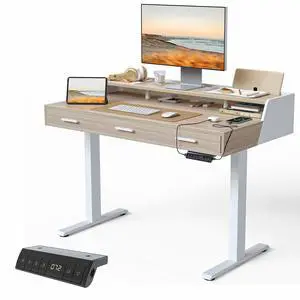 48x26 Inches Standing Desk with 3 Wooden Drawers and Monitor Shelf, Height Adjustable Computer Desk, Ergonomic Rising Home Office Desks, Sit Stand Up Electric Workstation Table, Light Walnut 48x26 Inches Standing Desk with 3 Wooden Drawers and Monitor Shelf, Height Adjustable Computer Desk, Ergonomic Rising Home Office Desks, Sit Stand Up Electric Workstation Table, Light Walnut