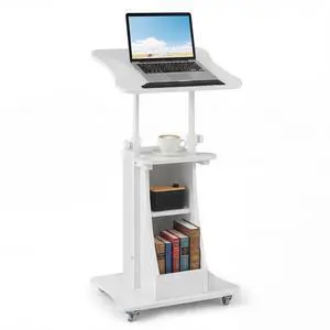 Mobile Podium Stand, Height Adjustable Laptop Cart with Tilting Tabletop & Storage Compartments, Rolling Lectern with Lockable Casters for Classroom, Church, Home Office, White Mobile Podium Stand, Height Adjustable Laptop Cart with Tilting Tabletop & Storage Compartments, Rolling Lectern with Lockable Casters for Classroom, Church, Home Office, White