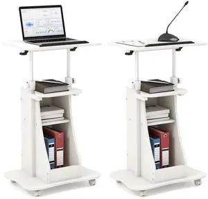 Mobile Podium Stand Set of 2, Height Adjustable Laptop Cart with Tilting Tabletop & Storage Compartments, Rolling Lectern with Lockable Casters for Classroom, Church, Home Office, White Mobile Podium Stand Set of 2, Height Adjustable Laptop Cart with Tilting Tabletop & Storage Compartments, Rolling Lectern with Lockable Casters for Classroom, Church, Home Office, White