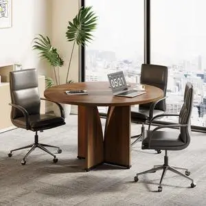 39-Inch Conference Table for 4, Round Meeting Table with X-Shape Pedestal, for Office, Conference Room, Small Spaces, Dark Brown 39-Inch Conference Table for 4, Round Meeting Table with X-Shape Pedestal, for Office, Conference Room, Small Spaces, Dark Brown