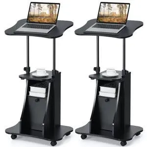 Mobile Lectern Podium Stand, Rolling Laptop Cart w/ 180° Tilting Tabletop, Storage Compartments & Lockable Casters, Sit-to-Stand Computer Workstation for Home, Office, School (Black, Set of 2) Mobile Lectern Podium Stand, Rolling Laptop Cart w/ 180° Tilting Tabletop, Storage Compartments & Lockable Casters, Sit-to-Stand Computer Workstation for Home, Office, School (Black, Set of 2)
