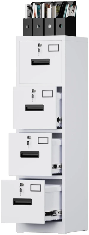 4 Drawer File Cabinet with Lock, White Metal, Letter/A4 | Vertical metal filing cabinet with 4 independently locking drawers, 8 keys, ball-bearing slides, and label holders 4 Drawer File Cabinet with Lock, White Metal, Letter/A4 | Vertical metal filing cabinet with 4 independently locking drawers, 8 keys, ball-bearing slides, and label holders