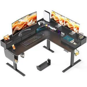 63 Inches Height Adjustable L Shaped Standing Desk with 3 Drawers and Monitor Shelf, Electric Corner Comupter Desk, Sit Stand up Home Office Desk, Ergonomic Gaming Desk, Black 63 Inches Height Adjustable L Shaped Standing Desk with 3 Drawers and Monitor Shelf, Electric Corner Comupter Desk, Sit Stand up Home Office Desk, Ergonomic Gaming Desk, Black