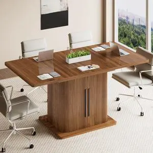 Extendable Conference Table for 4-6 People, 47-65Inch, Walnut | Modern Rectangle Meeting Room Table with Storage, Fluted Wood Slide Doors, Small Compact, Office, Training, Conference Room Extendable Conference Table for 4-6 People, 47-65Inch, Walnut | Modern Rectangle Meeting Room Table with Storage, Fluted Wood Slide Doors, Small Compact, Office, Training, Conference Room