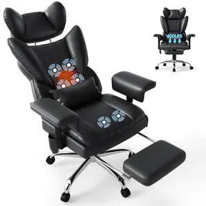 6 Points Massage Heated Home Office Chair with Foot Rest, Black | 400LBS Executive Office Chair with Adjustable Headrest, Armrest and Lumbar Pillow, Comfortable PU Leather Desk Chair 6 Points Massage Heated Home Office Chair with Foot Rest, Black | 400LBS Executive Office Chair with Adjustable Headrest, Armrest and Lumbar Pillow, Comfortable PU Leather Desk Chair