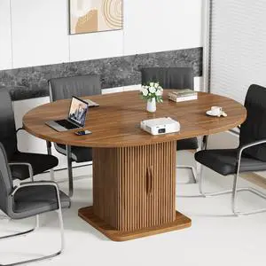 Extendable Round Conference Table for 4-8 People, 43-59Inch, Walnut | Modern Oval Meeting Room Table with Storage, Fluted Wood Slide Doors, Small Compact, Office, Training, Conference Room Extendable Round Conference Table for 4-8 People, 43-59Inch, Walnut | Modern Oval Meeting Room Table with Storage, Fluted Wood Slide Doors, Small Compact, Office, Training, Conference Room