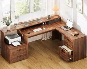 Farmhouse 68 Inch L Shaped Executive Desk with Drawers, Walnut | Corner Table with Monitor Stand, Office Desk with Printer Shelf, File Cabinet, Outlets, Home Office Computer Workstation Farmhouse 68 Inch L Shaped Executive Desk with Drawers, Walnut | Corner Table with Monitor Stand, Office Desk with Printer Shelf, File Cabinet, Outlets, Home Office Computer Workstation