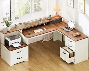 Farmhouse 68 Inch L Shaped Executive Desk with Drawers, Walnut+White | Corner Table with Monitor Stand, Office Desk with Printer Shelf, File Cabinet, Outlets, Home Office Computer Workstation Farmhouse 68 Inch L Shaped Executive Desk with Drawers, Walnut+White | Corner Table with Monitor Stand, Office Desk with Printer Shelf, File Cabinet, Outlets, Home Office Computer Workstation