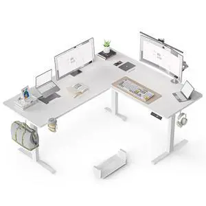 63 Inches Reversible L Shaped Standing Desk for Home Office, Electric Height Adjustable Corner Computer Desk, Sit Stand up Table with Cup Holder, Ergonomic Gaming Desk, White 63 Inches Reversible L Shaped Standing Desk for Home Office, Electric Height Adjustable Corner Computer Desk, Sit Stand up Table with Cup Holder, Ergonomic Gaming Desk, White