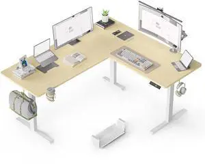 63 Inches Reversible L Shaped Standing Desk for Home Office, Electric Height Adjustable Corner Computer Desk, Sit Stand up Table with Cup Holder, Ergonomic Gaming Desk, Oak 63 Inches Reversible L Shaped Standing Desk for Home Office, Electric Height Adjustable Corner Computer Desk, Sit Stand up Table with Cup Holder, Ergonomic Gaming Desk, Oak