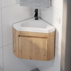 22" Corner Bathroom Vanity Sink Combo for Small Space Wall Mounted Floating Cabinet with White Resin Sink and Matte Black Faucet, Natural 22" Corner Bathroom Vanity Sink Combo for Small Space Wall Mounted Floating Cabinet with White Resin Sink and Matte Black Faucet, Natural