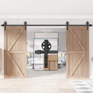 15FT Wood Double Sliding Barn Door Hardware Basic Black Big Spoke Wheel Roller Kit,5-18FT for Choose 15FT Wood Double Sliding Barn Door Hardware Basic Black Big Spoke Wheel Roller Kit,5-18FT for Choose