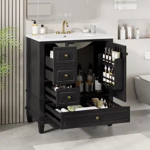 30 Inch Black Bathroom Vanity with Sink,Modern Bathroom Vanity with Integrated Countertop,3 Drawers Left Hand,Storage Door Organizer,Soft Closing Door with Sliver Handles,Solid Wood Frame 30 Inch Black Bathroom Vanity with Sink,Modern Bathroom Vanity with Integrated Countertop,3 Drawers Left Hand,Storage Door Organizer,Soft Closing Door with Sliver Handles,Solid Wood Frame