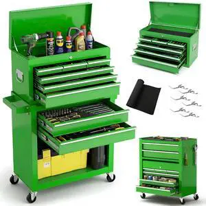 Tool Chest, 8-Drawer Rolling Tool Storage Cabinet with Wheels, Detachable Top Tool Box, and Locking Mechanism, Metal Barber Tool Cart with Liner and 6 Hooks for Garage, Workshop, Green Tool Chest, 8-Drawer Rolling Tool Storage Cabinet with Wheels, Detachable Top Tool Box, and Locking Mechanism, Metal Barber Tool Cart with Liner and 6 Hooks for Garage, Workshop, Green