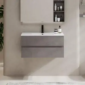 36" Wall Mounted Bathroom Vanity with Sink Combo Set, Floating Bathroom Storage Cabinet w/Bevelled Invisible Handles, 2 Drawers, Cement Grey (White Sink, Faucet Included) 36" Wall Mounted Bathroom Vanity with Sink Combo Set, Floating Bathroom Storage Cabinet w/Bevelled Invisible Handles, 2 Drawers, Cement Grey (White Sink, Faucet Included)