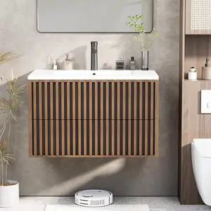 30 Inch Bathroom Vanity with Sink Combo, Floating Vanity with 2 Fluted Drawers, Silent Slides, Floating Wall Mounted Bathroom Cabinet Includes Faucet & Adjustable Drainpipe, Walnut 30 Inch Bathroom Vanity with Sink Combo, Floating Vanity with 2 Fluted Drawers, Silent Slides, Floating Wall Mounted Bathroom Cabinet Includes Faucet & Adjustable Drainpipe, Walnut