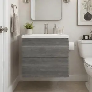 24 Inch Floating Bathroom Vanity with Sink, Gray Wall Mounted Vanity Cabinet with 2 Drawers, Ceramic Sink, Soft Close Slides for Small Bathroom, Powder Room 24 Inch Floating Bathroom Vanity with Sink, Gray Wall Mounted Vanity Cabinet with 2 Drawers, Ceramic Sink, Soft Close Slides for Small Bathroom, Powder Room