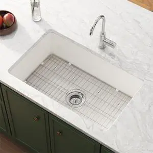 32" x 19" Fireclay Undermount Sink - 32 Inch Dual Mount White Topmount Deep Single Bowl with Bottom Grid and Dual Overflow Strainer Drain 32" x 19" Fireclay Undermount Sink - 32 Inch Dual Mount White Topmount Deep Single Bowl with Bottom Grid and Dual Overflow Strainer Drain