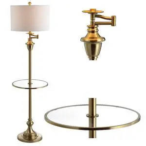 60" Brass Gold Floor Lamp with Integrated Glass Side Table, Modern Swing Arm Standing Lamp for Living Room, White Linen Shade, LED Bulb Included JYL3055A 60" Brass Gold Floor Lamp with Integrated Glass Side Table, Modern Swing Arm Standing Lamp for Living Room, White Linen Shade, LED Bulb Included JYL3055A