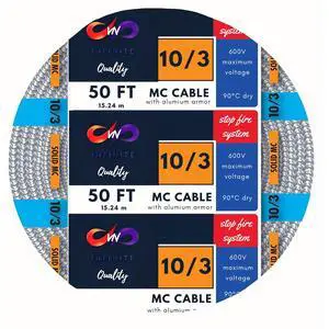 MC Cable 10/3 - Metal Clad 50ft - Aluminium Armor Solid Copper Conductor - Cable for Indoor 50 Ft MC Cable 10/3 - Metal Clad 50ft - Aluminium Armor Solid Copper Conductor - Cable for Indoor 50 Ft