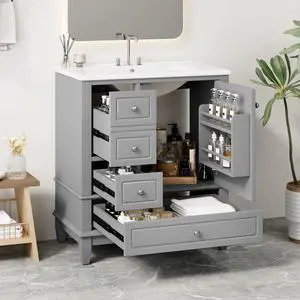 30 Inch Grey Bathroom Vanity with Sink,Modern Bathroom Vanity with Integrated Countertop,3 Drawers Left Hand,Storage Door Organizer,Soft Closing Door with Sliver Handles,Solid Wood Frame 30 Inch Grey Bathroom Vanity with Sink,Modern Bathroom Vanity with Integrated Countertop,3 Drawers Left Hand,Storage Door Organizer,Soft Closing Door with Sliver Handles,Solid Wood Frame