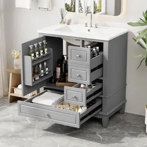 30 Inch Grey Bathroom Vanity with Sink,Modern Bathroom Vanity with 3 Drawers & Gold Handles,Drop-in with Integrated Countertop,Soft Closing Door with Shelf Organizer,Solid Wood Frame 30 Inch Grey Bathroom Vanity with Sink,Modern Bathroom Vanity with 3 Drawers & Gold Handles,Drop-in with Integrated Countertop,Soft Closing Door with Shelf Organizer,Solid Wood Frame