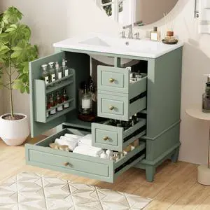 30 Inch Sage Green Bathroom Vanity with Sink,Modern Bathroom Vanity with 3 Drawers & Gold Knobs,with Integrated Ceramic Countertop,Soft Closing Door with Storage Organizer,Solid Wood Frame(94G) 30 Inch Sage Green Bathroom Vanity with Sink,Modern Bathroom Vanity with 3 Drawers & Gold Knobs,with Integrated Ceramic Countertop,Soft Closing Door with Storage Organizer,Solid Wood Frame(94G)