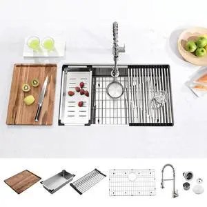 32-inch Undermount Handmade Workstation 304 Stainless Steel Kitchen Sink Single Bowl Basin Faucet Combo in With Grid cutting board colander drying rack and Strainer 32-inch Undermount Handmade Workstation 304 Stainless Steel Kitchen Sink Single Bowl Basin Faucet Combo in With Grid cutting board colander drying rack and Strainer