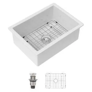 White Unermount Kitchen Sink Single Bowl Dual Mount Fireclay Porcelain Sink With Bottom And Drainer 24"W×18"D×9"H, DC-UC2542001 White Unermount Kitchen Sink Single Bowl Dual Mount Fireclay Porcelain Sink With Bottom And Drainer 24"W×18"D×9"H, DC-UC2542001
