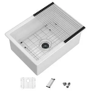 24 In. Undermount Kitchen Sink White Fireclay Single Bowl, Dual Mount Drop In Design with Porcelain Glazed Ceramic Surface, 24"x18"x9" #DC-UC261101 24 In. Undermount Kitchen Sink White Fireclay Single Bowl, Dual Mount Drop In Design with Porcelain Glazed Ceramic Surface, 24"x18"x9" #DC-UC261101