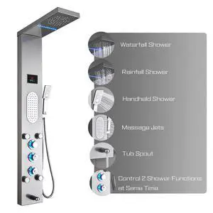LED Shower Panel Tower System, Rainfall and Mist Head Rain Massage Stainless Steel Shower Fixtures with Adjustable Body Jets, Brushed Nickel LED Shower Panel Tower System, Rainfall and Mist Head Rain Massage Stainless Steel Shower Fixtures with Adjustable Body Jets, Brushed Nickel