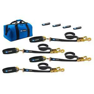 Ratchet Tie Down Straps, 2" x 8', 10,000 lb Break Strength, Direct Hook, 24" Axle Straps, Fleece Sleeves, Pro Pack, Black Ratchet Tie Down Straps, 2" x 8', 10,000 lb Break Strength, Direct Hook, 24" Axle Straps, Fleece Sleeves, Pro Pack, Black